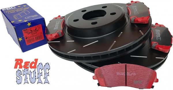 Przednie CERAMICZNE klocki RedStuff + NACINANE tarcze hamulcowe 320mm EBC seria USR Dodge Challenger RWD V6