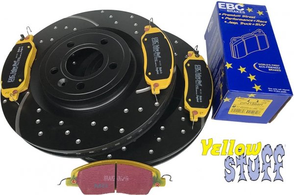 Przednie klocki YellowStuff + NAWIERCANE NACINANE tarcze hamulcowe 336mm EBC seria GD Ford Mustang 2011-2014