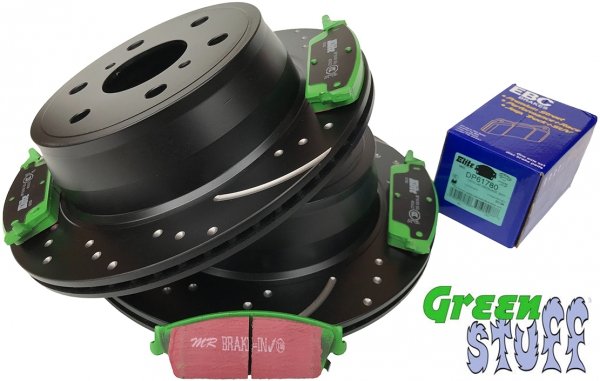 Tylne klocki GreenStuff + NAWIERCANE NACINANE tarcze EBC seria GD GMC Yukon 2007-2020