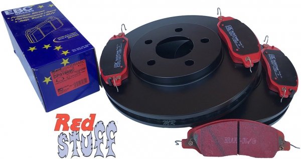 Przednie CERAMICZNE klocki RedStuff + tarcze hamulcowe 293mm EBC serii PREMIUM Ford Mustang 2005-2010