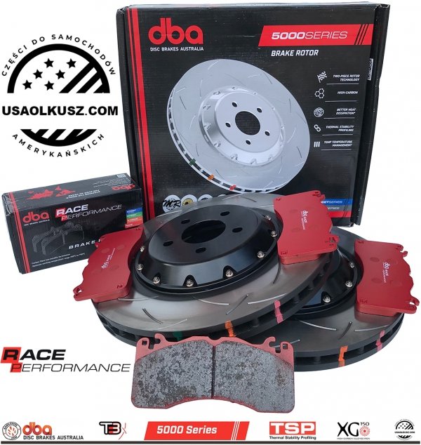 Przednie klocki RACE PERFORMANCE + dwuczęściowe pływające tarcze hamulcowe DBA seria 5000 T3 Ford Mustang 5,0 V8 2015-