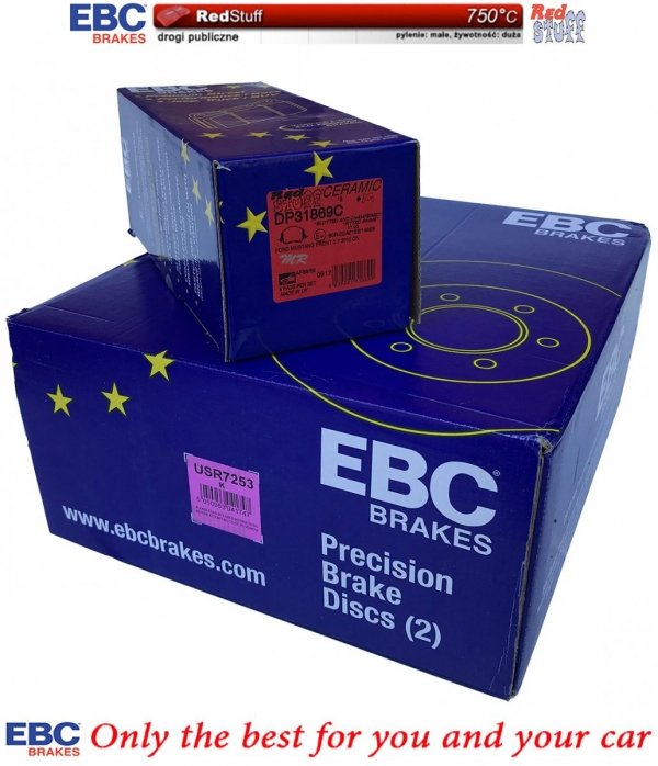 Przednie CERAMICZNE klocki RedStuff + NACINANE tarcze hamulcowe 293mm EBC serii USR Ford Mustang 2005-2010