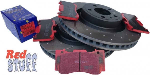 Przednie klocki RedStuff + NAWIERCANE NACINANE tarcze hamulcowe 352mm EBC seria GD Ford Mustang 2015-