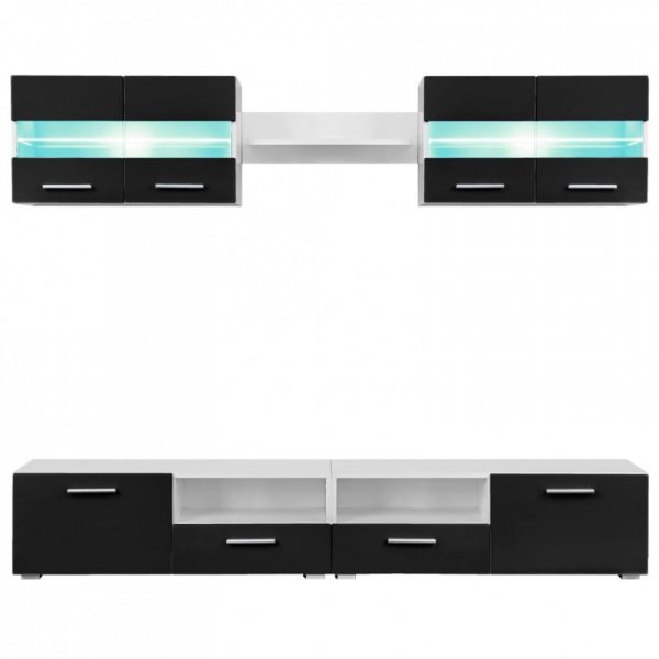 Meblościanka z LED pod TV, 5 elementów, czarna na wysoki połysk