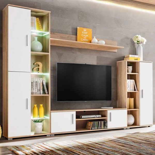 Meblościanka pod TV z oświetleniem LED, dąb sonoma i biały