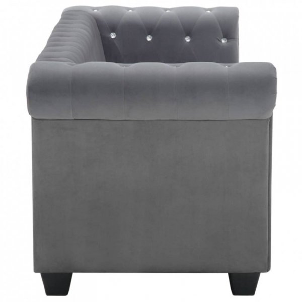 Sofa Chesterfield, 3-os., obita aksamitem, 199x75x72 cm, szara