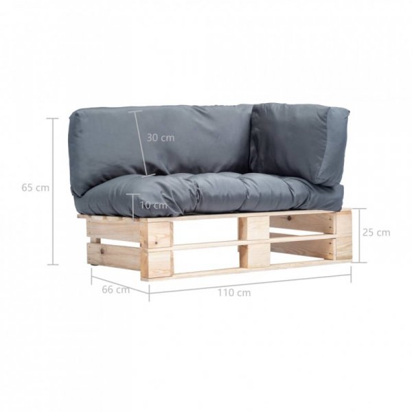 Ogrodowa sofa z palet, z szarymi poduszkami, sosna