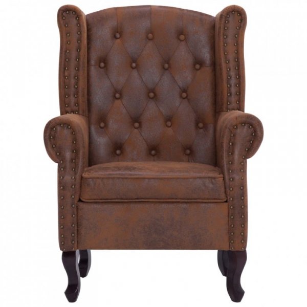 Fotel Chesterfield z podnóżkiem, brązowy, sztuczny zamsz