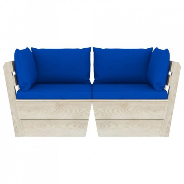 Ogrodowa sofa 2-osobowa z palet, z poduszkami, drewno świerkowe