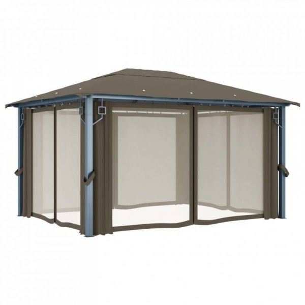 Altana z zasłonami i lampkami LED, 4x3 m, taupe, aluminium
