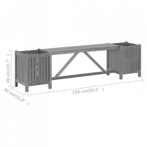 Ławka ogrodowa z 2 donicami 150 cm, lite drewno akacjowe, szara
