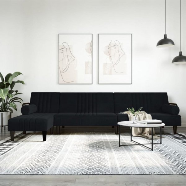 Sofa rozkładana L, czarna, 260x140x70 cm, aksamit