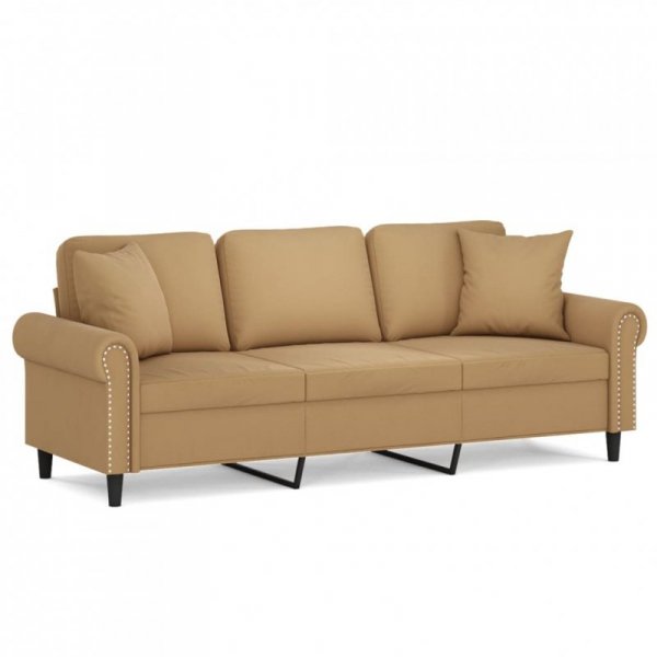 3-osobowa sofa z poduszkami, brązowa, 180 cm, aksamit