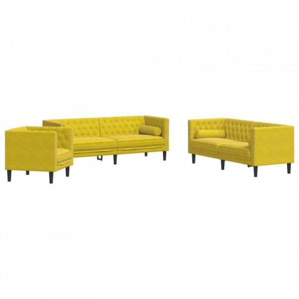 3-cz. wypoczynek Chesterfield z wałkami, żółty, aksamit