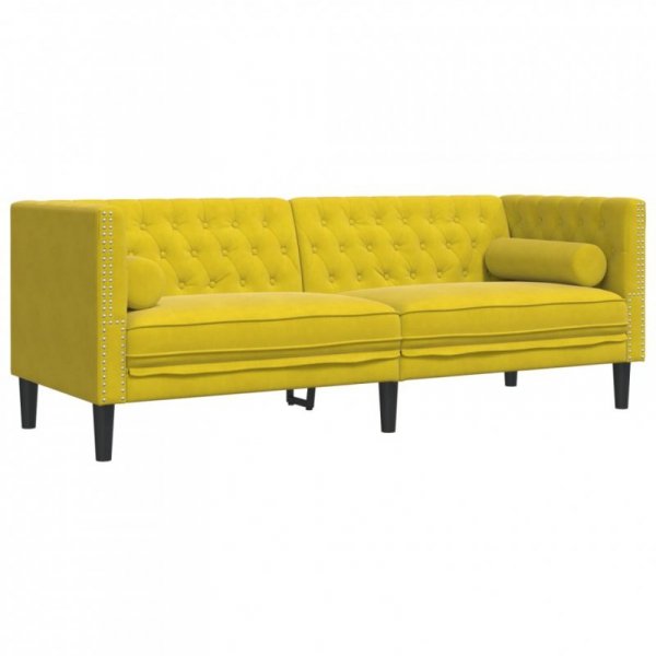 2-cz. wypoczynek Chesterfield z wałkami, żółty, aksamit