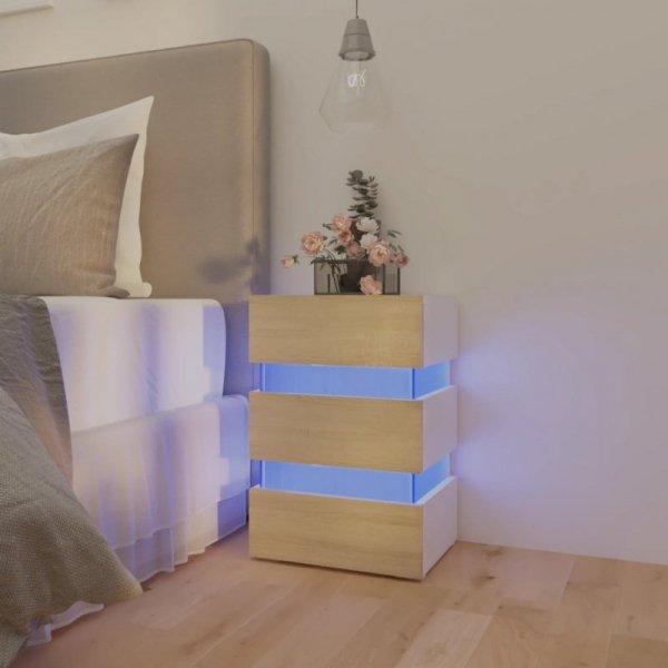 Szafka nocna z LED, biel i dąb sonoma, 45x35x67 cm