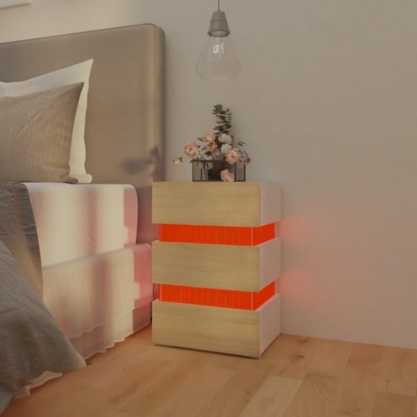 Szafka nocna z LED, biel i dąb sonoma, 45x35x67 cm