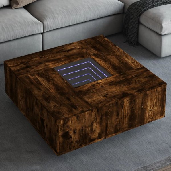 Stolik kawowy z LED Infinity, przydymiony dąb, 100x100x40 cm