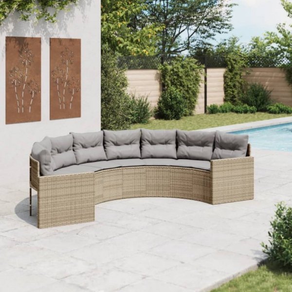 Sofa ogrodowa z poduszkami, półokrągła, beżowy rattan PE