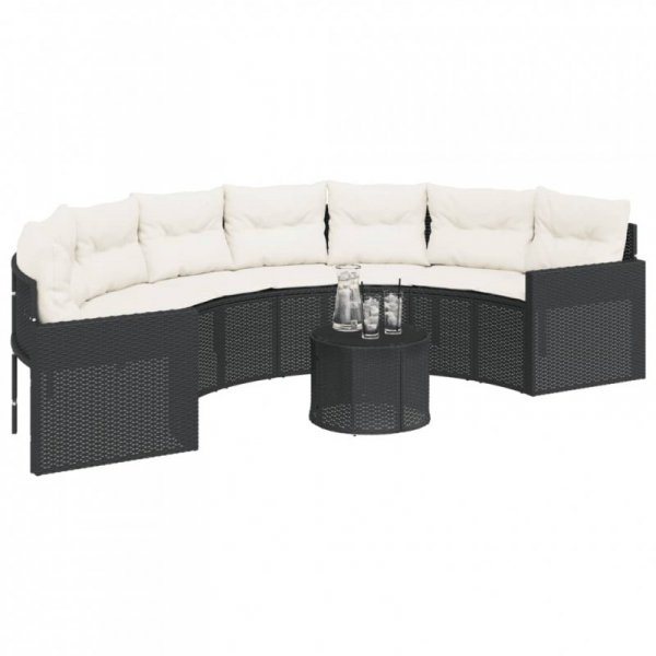 Sofa ogrodowa, stolik i poduszki, półokrągła, czarny rattan PE