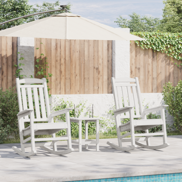Zestaw mebli ogrodowych  3-częściowy Biały HDPE, Bujane krzesło  Białe 70x92x108 cm HDPE, Stolik boczny  Biały 38x38x45 cm HDPE