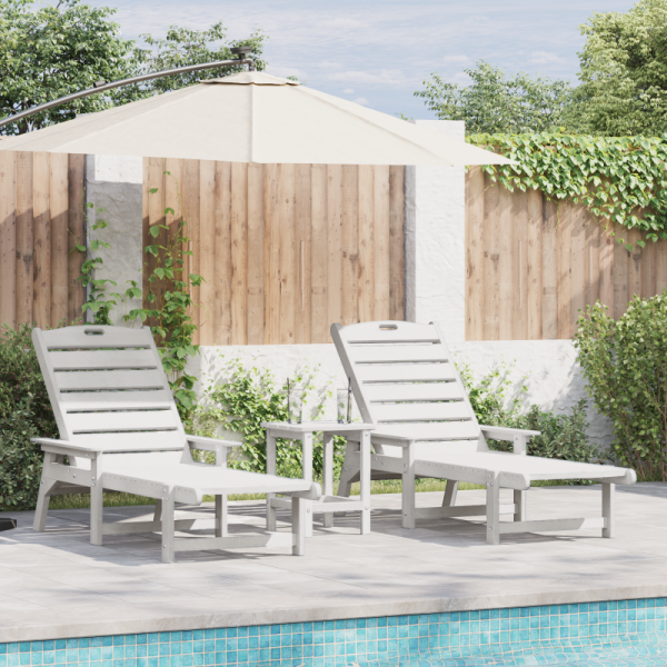 3-częściowy zestaw leżaków ogrodowych Biały HDPE,  Leżak biały 53x162x98.5 cm HDPE,  Stolik boczny Adirondack Biały 38x38x45 cm HDPE