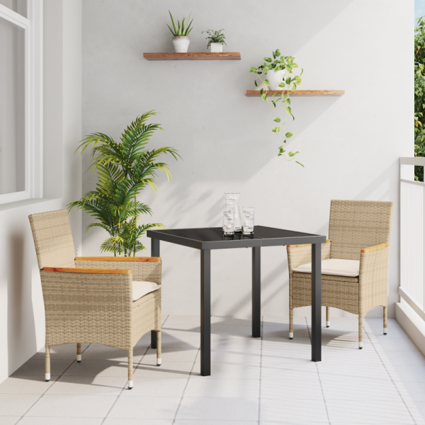 Zestaw jadalniany w ogrodzie 3-w-1 z poduszkami Beżowy Polirattan,  Stół ogrodowy Czarny 80x80x73 cm Szkło hartowane