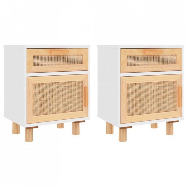 Szafki nocne, 2 szt., białe, lite drewno sosnowe i rattan