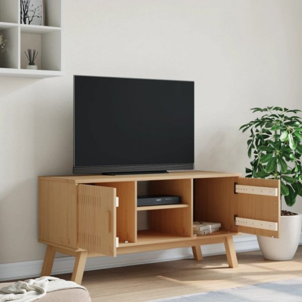 Szafka RTV OLDEN, brązowa, 114x43x57 cm, lite drewno sosnowe