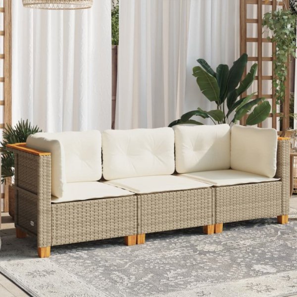 Sofa ogrodowa z poduszkami, 3-osobowa, beż, polirattan