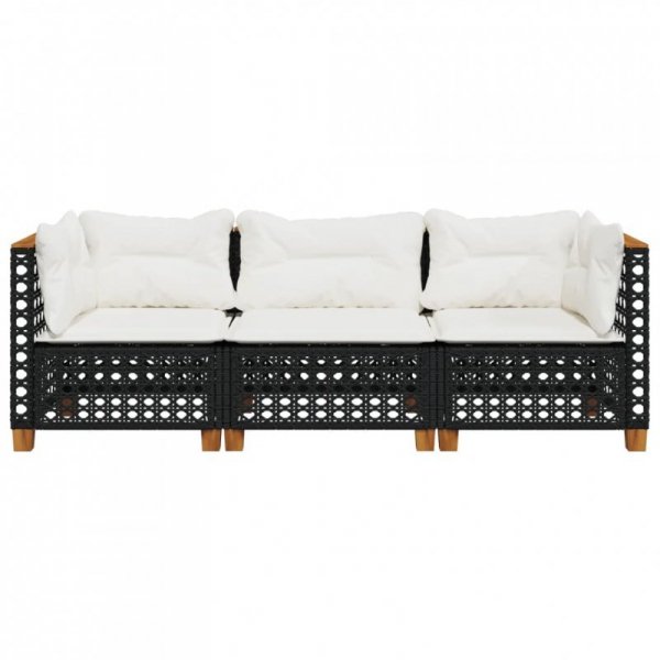 Sofa ogrodowa z poduszkami, 3-osobowa, czarna, polirattan