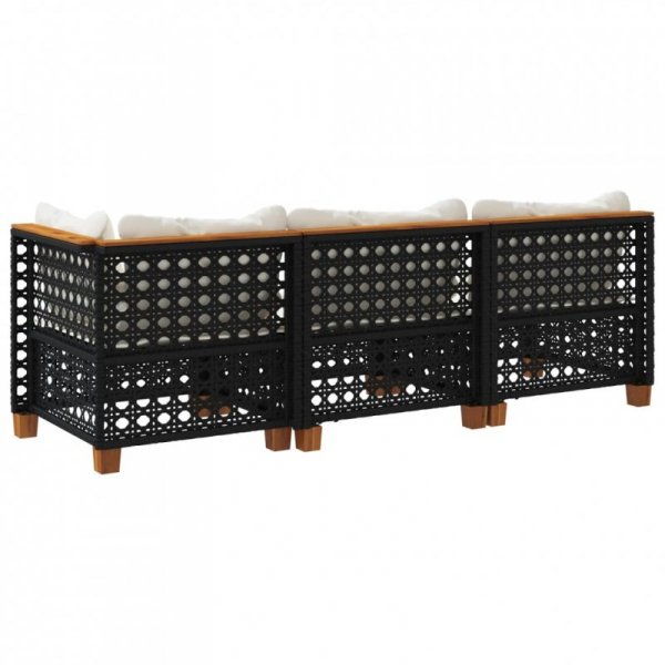 Sofa ogrodowa z poduszkami, 3-osobowa, czarna, polirattan