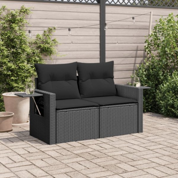 Sofa ogrodowa z poduszkami, 2-osobowa, czarna, polirattan