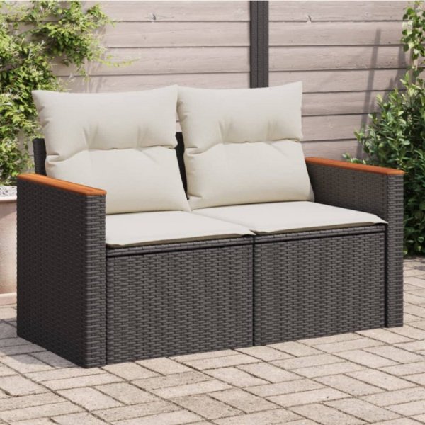Sofa ogrodowa z poduszkami, 2-osobowa, czarna, polirattan