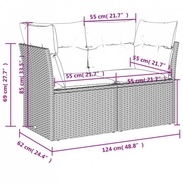 Sofa ogrodowa z poduszkami, 2-osobowa, szara, polirattan