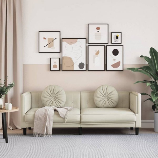 Sofa 3-osobowa z poduszkami, kremowa, aksamit