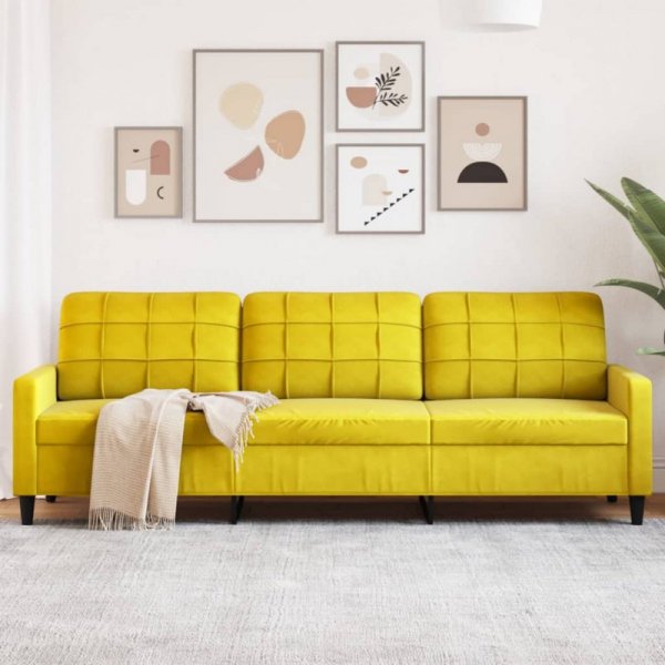 Sofa 3-osobowa, żółty, 210 cm, tapicerowana aksamitem