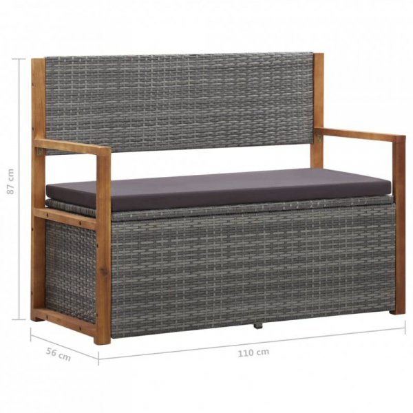 Ławka ze schowkiem, 115 cm, rattan PE i drewno akacjowe, szara