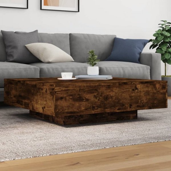 Stolik kawowy z LED, przydymiony dąb, 100x100x30 cm