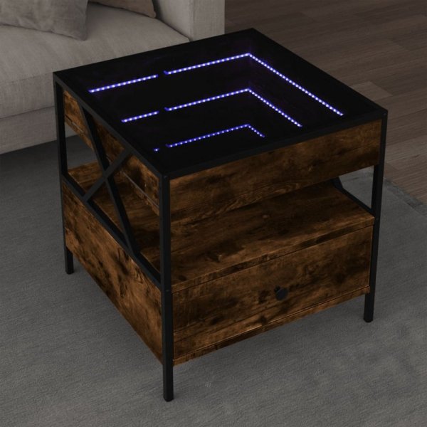 Stolik kawowy z LED Infinity, przydymiony dąb, 50x50x51 cm