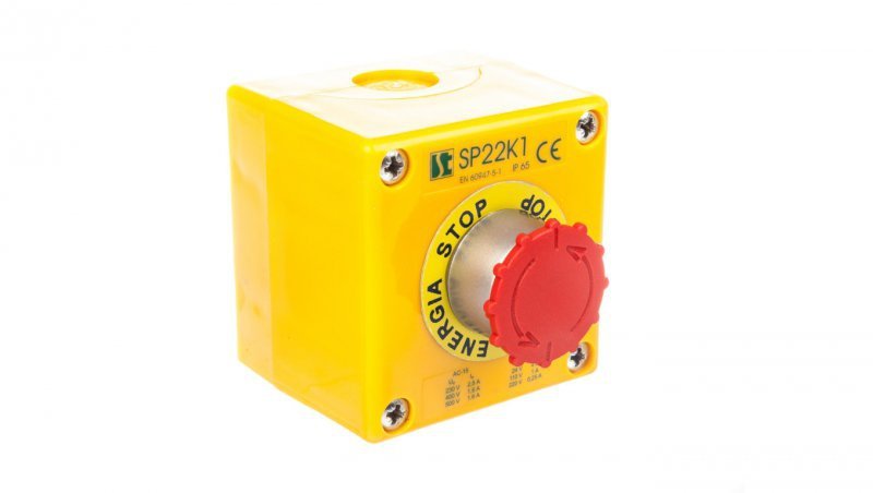 Kaseta z przyciskiem bezpieczeństwa przez obrót 1R IP65 żółta 1x dławnica M20 SP22K105-1 spamel 5907723064539