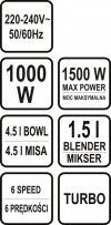MIKSER PLANETARNY 3W1 1000W 4.5L CZARNY (1 KPL)