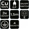 Przedłużacz listwowy 1.5m, 3x1.5mm2, 4G, czarny, ON/OFF