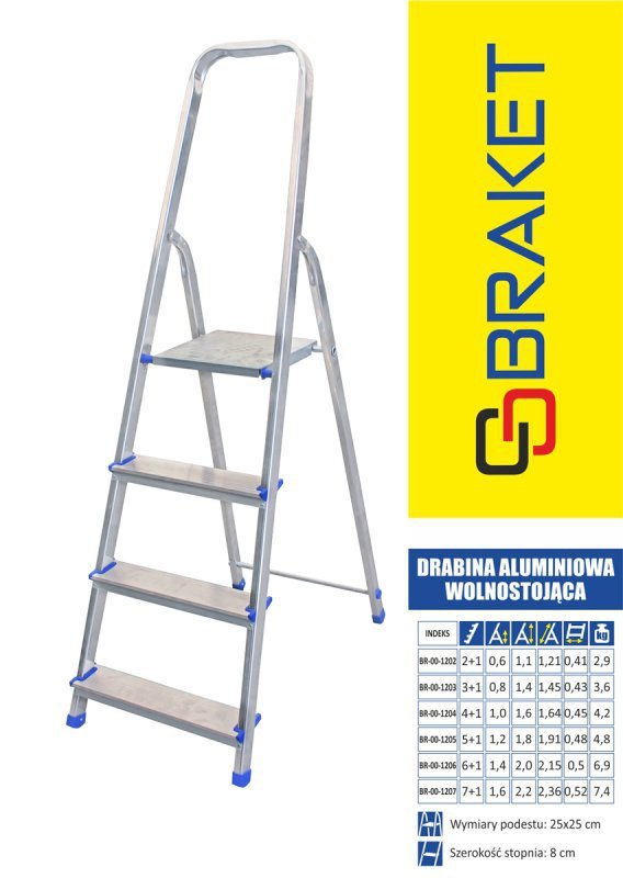 DRABINA ALUMINIOWA WOLNOSTOJĄCA 121CM 2 STOPNIE + PODEST (1 SZT)