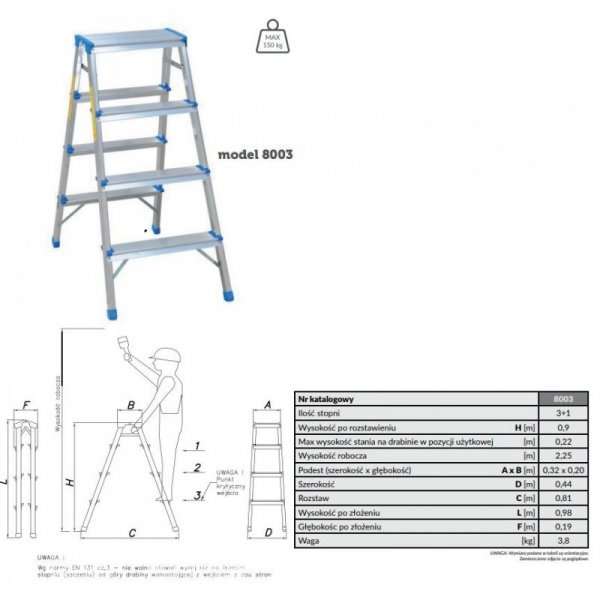 DRABINA ALUMINIOWA DWUSTRONNA 90CM 3 STOPNIE + PODEST (1 SZT)
