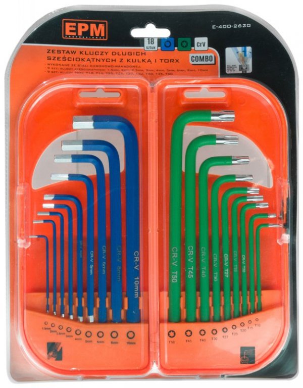 KOMPLET KLUCZY TRZPIENIOWYCH HEX I TORX DŁUGIE 18 SZTUK (1 KPL)