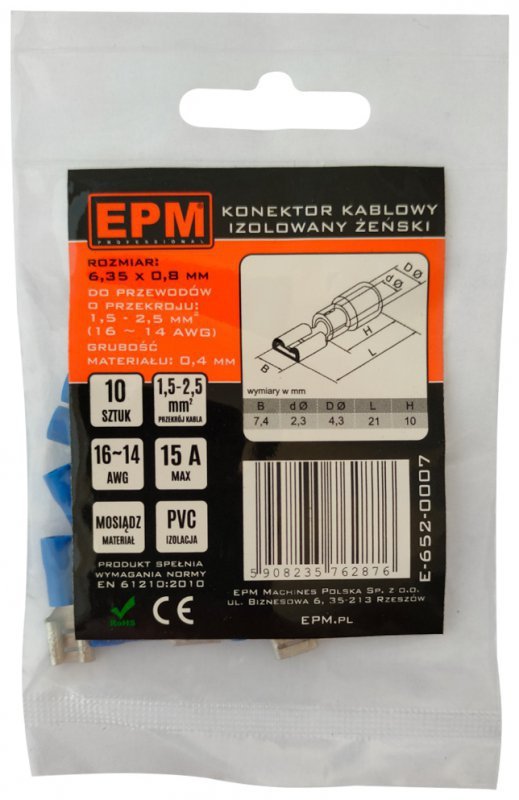 KOŃCÓWKA NASUWKA IZOLOWANA 1.5-2.5MM 0.8-6.35 10 SZTUK (1 KPL)