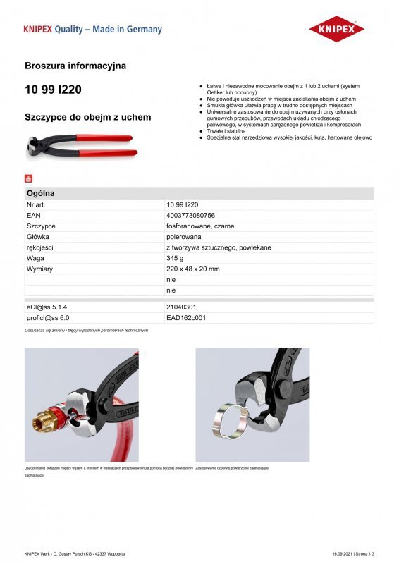 SZCZYPCE DO MONTAŻU OPASEK ZACISKOWYCH OETIKER 220MM (1 SZT)
