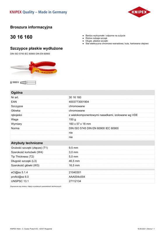 SZCZYPCE IZOLOWANE PŁASKIE WYDŁUŻONE 160MM (1 SZT)