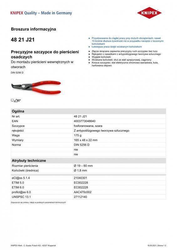 PRECYZYJNE SZCZYPCE DO PIERŚCIENI WEW.WYGIĘTE 165MM (1 SZT)